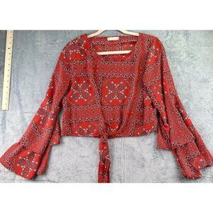 ALTAR’D STATE Mackenzie Bandana Print Blouse Women’s Sz M Red Tie Belle Sleeve‎